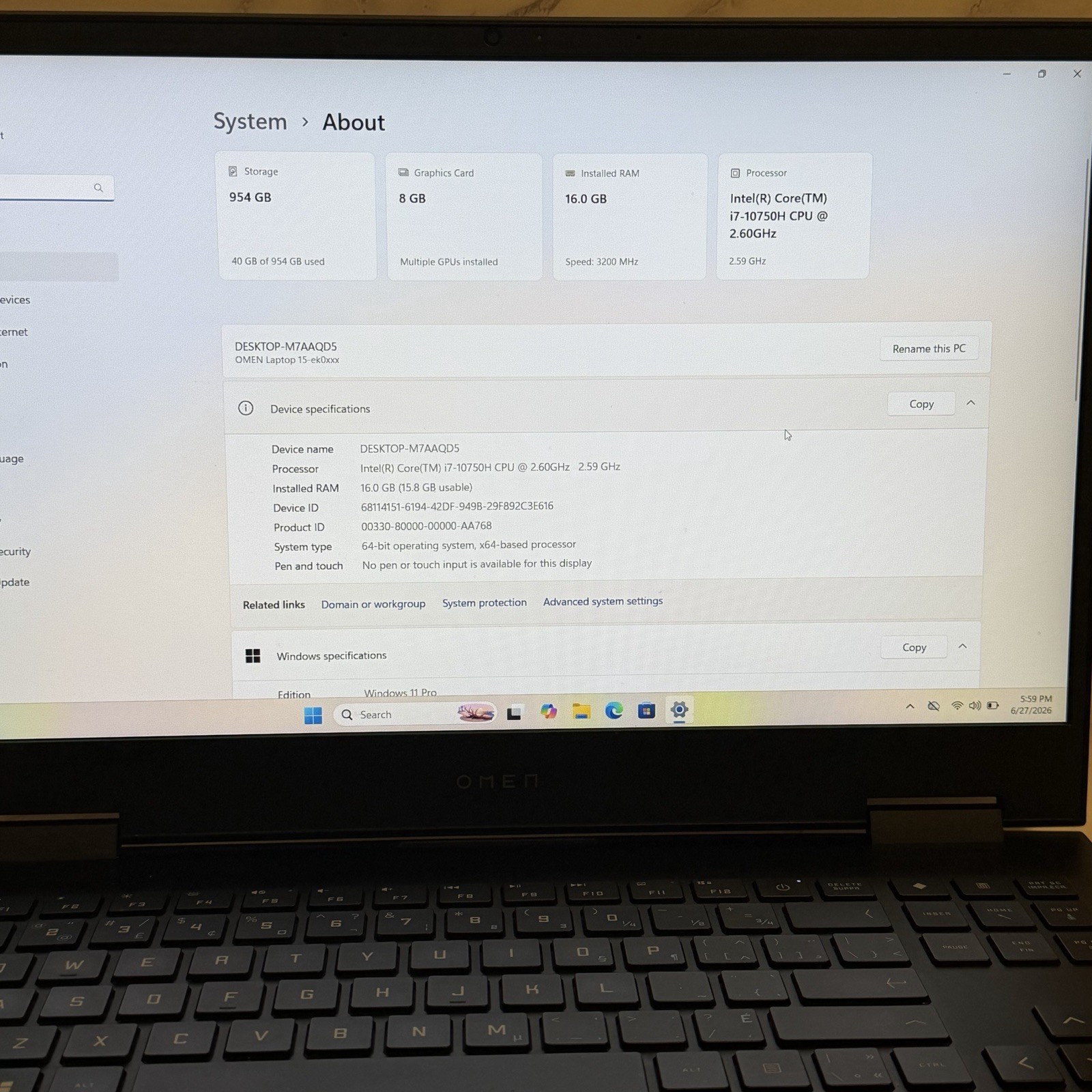 HP OMEN 15 Gaming Laptop i7-10750H RTX 2070 Max-Q 8GB 16GB RAM 1TB SSD Win 11