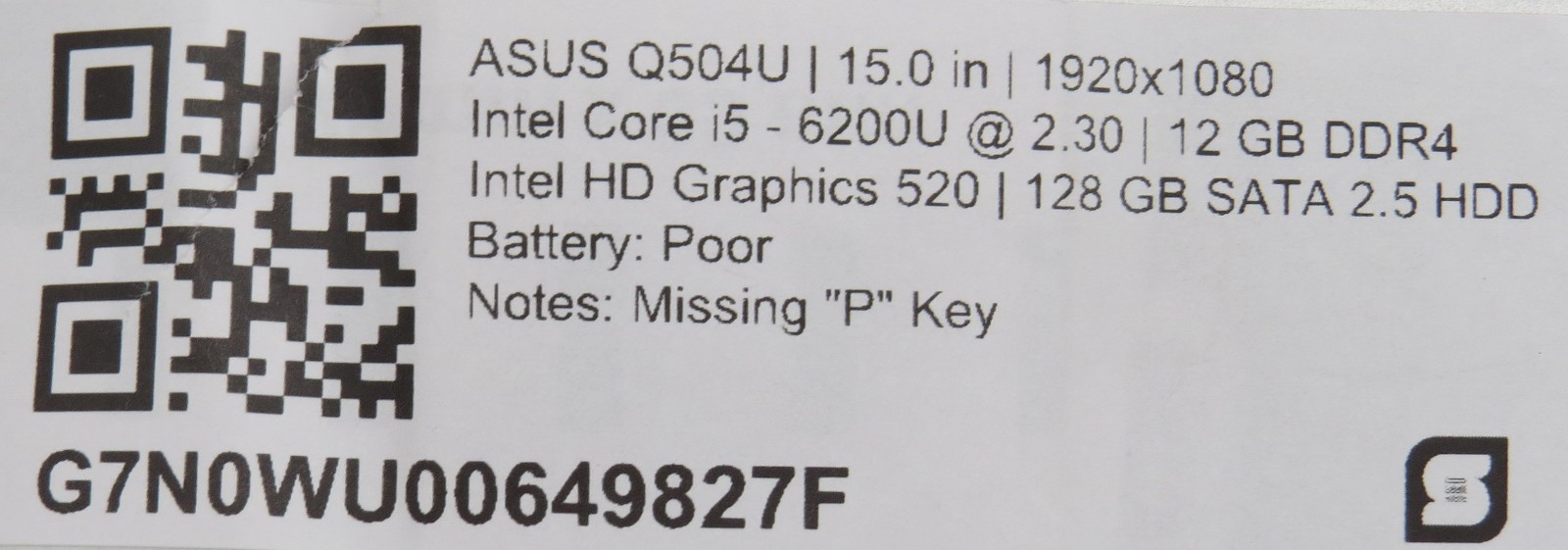 ASUS Q504U i5-6200U @ 2.3GHz 12GB DDR4 128GB SSD 15.6″ display No OS/AC