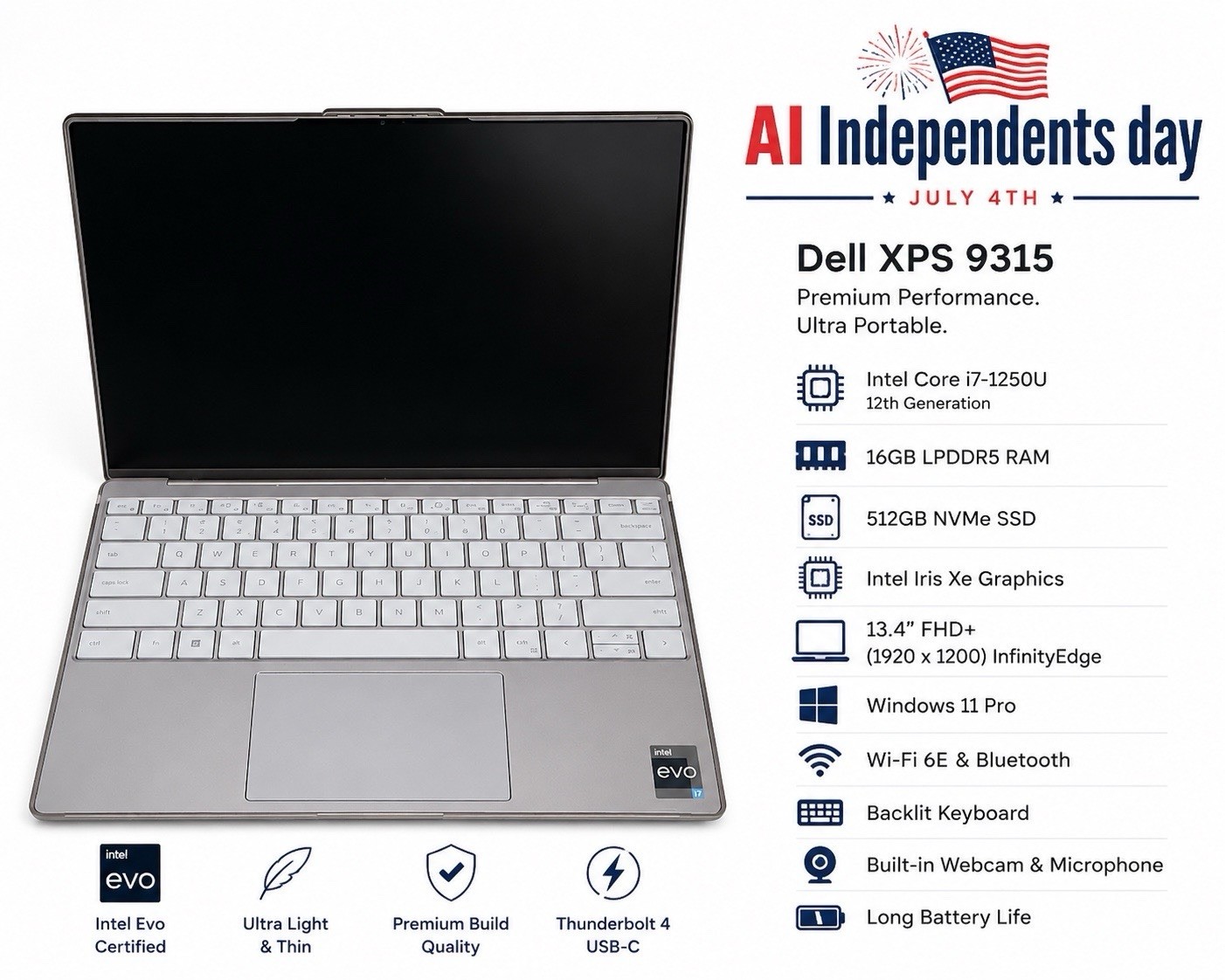 Dell XPS 9315 13.4” i7-1250U 16GB RAM 512GB SSD Win11 Pro Intel Evo FHD