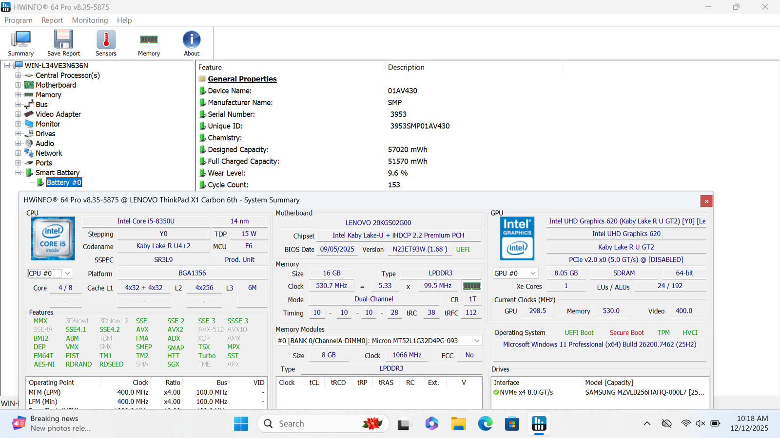 Lenovo ThinkPad X1 Carbon Gen 6 20KG 14″ FHD I5-8350U 256GB SSD 16GB W11P Webcam