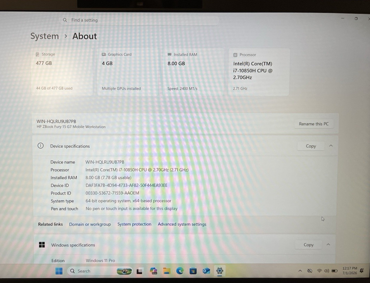 HP ZBook Fury 15 G7 i7-10850H – 8GB RAM – 512GB NVMe – 4GB T2000 – W11P-200w A/C