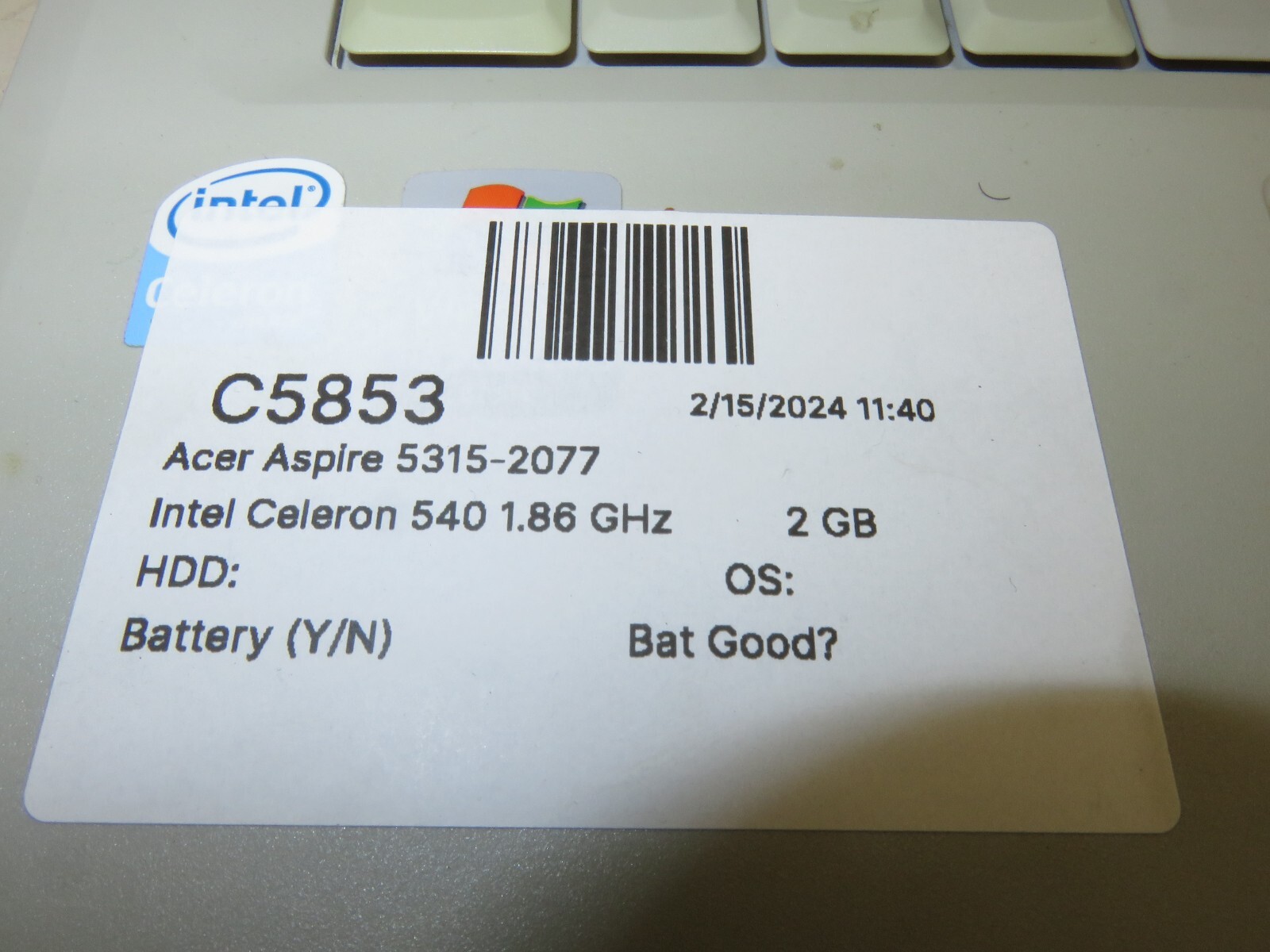 Acer Aspire 5315-2077 Laptop Intel Celeron 540 2GB Ram No HDD or Battery