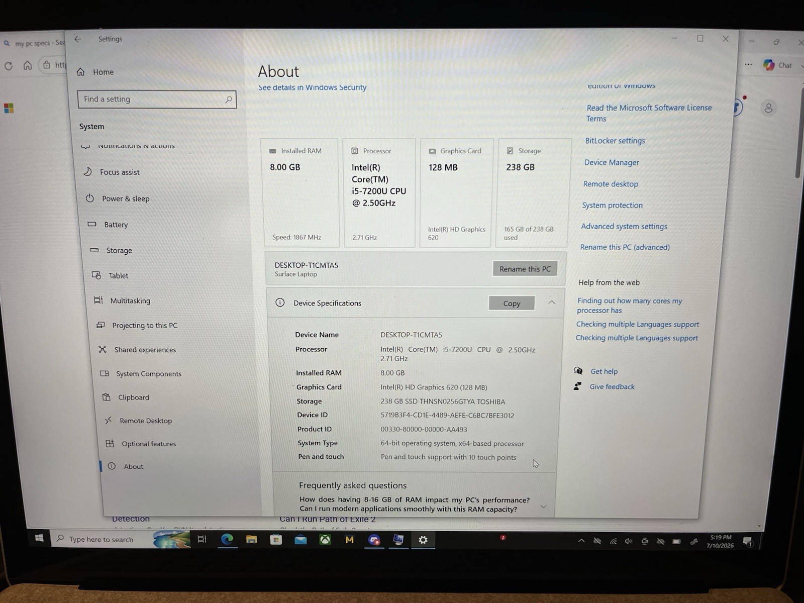 Microsoft Surface Laptop 1769 Intel Core i5-7300U 8GB DDR4 RAM 256GB SSD Win 10P