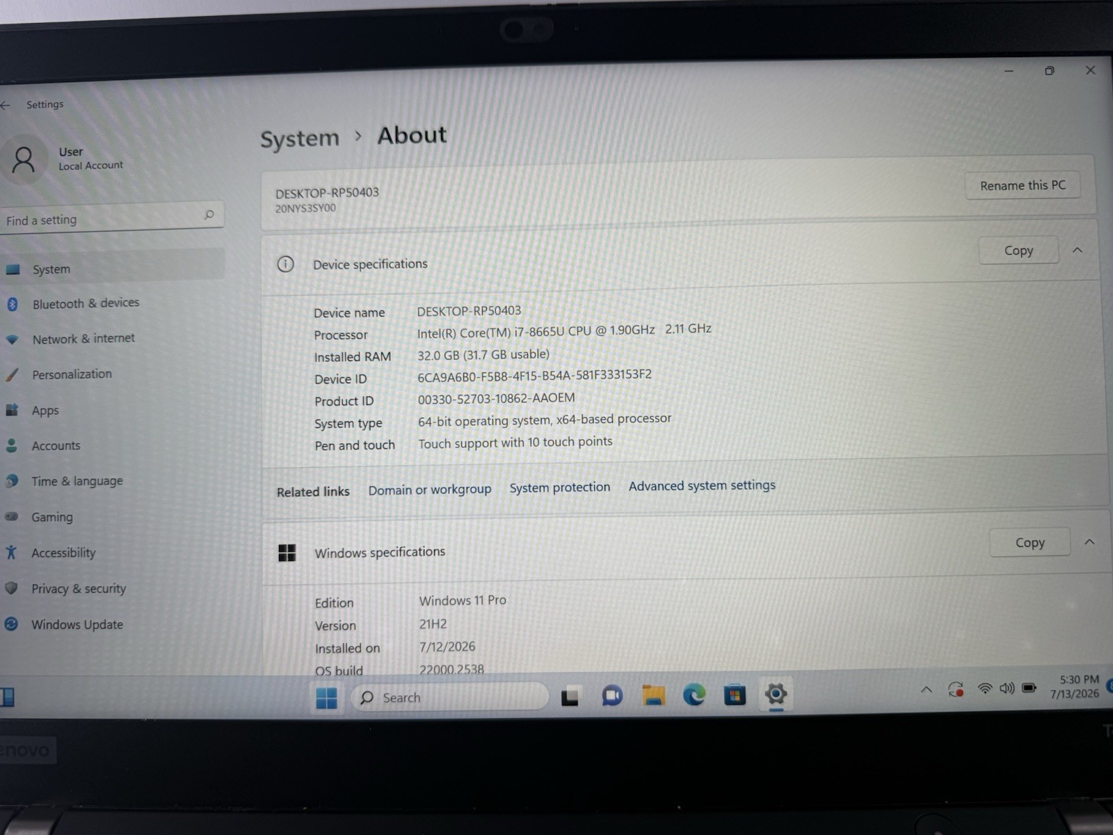 Lenovo ThinkPad T490s Touch 14″ i7-8665U 32GB RAM 512GB SSD Win 11 Pro FHD