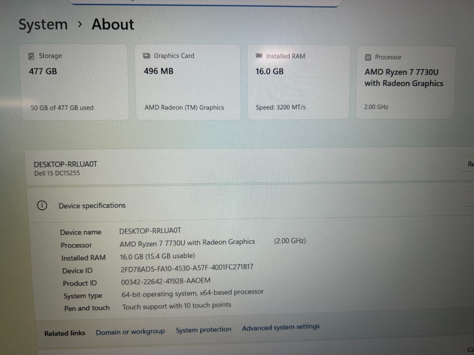 DELL 15 DC15255 G8MK9, AMD Ryzen 7 7730U, 2.00 GHz, 16 GB RAM, 512 GB NVMe SSD