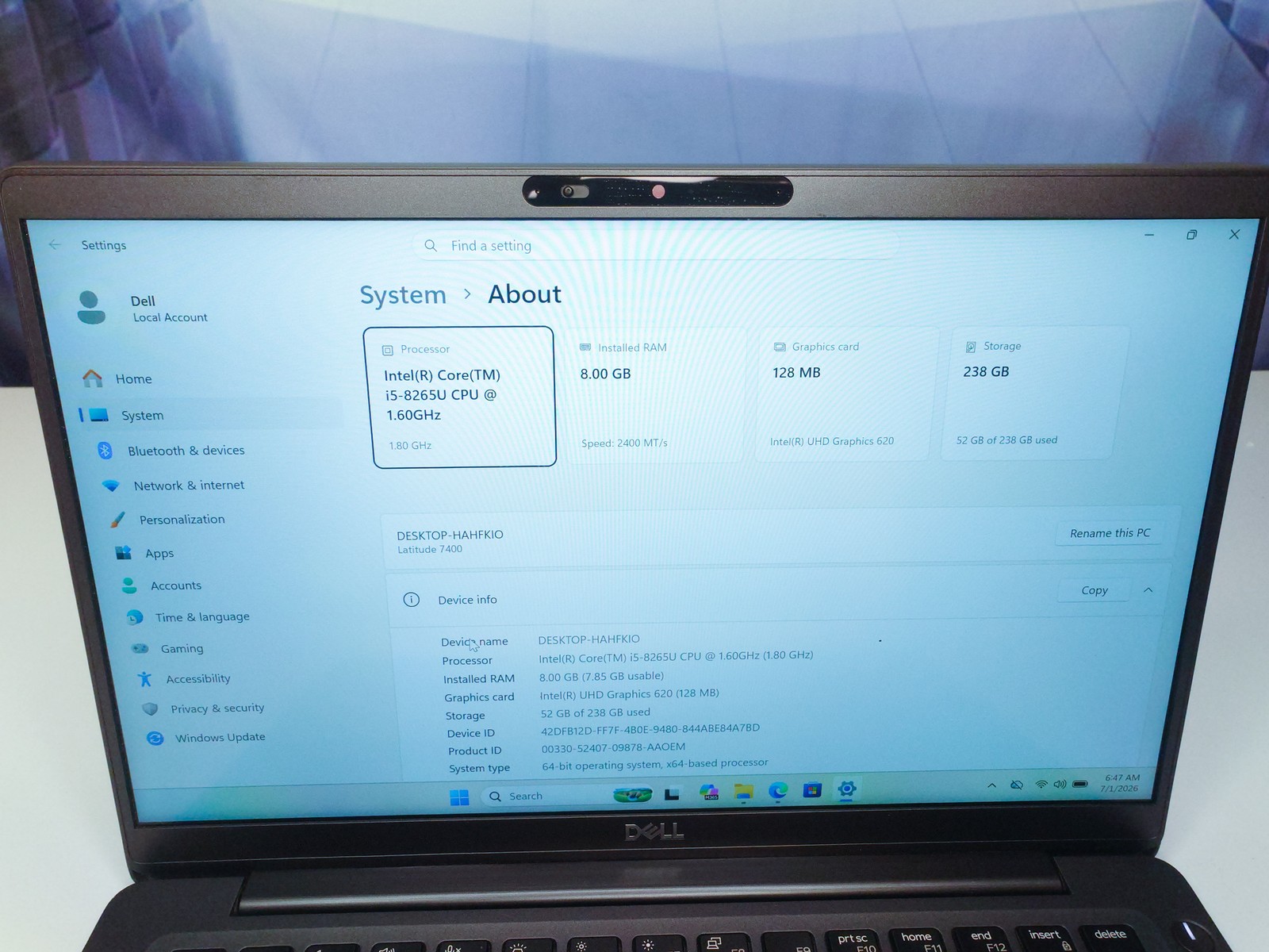 Dell Latitude 7400 14″ FHD Touch i5-8265U 8GB RAM 256GB NVMe SSD Win 11 Pro