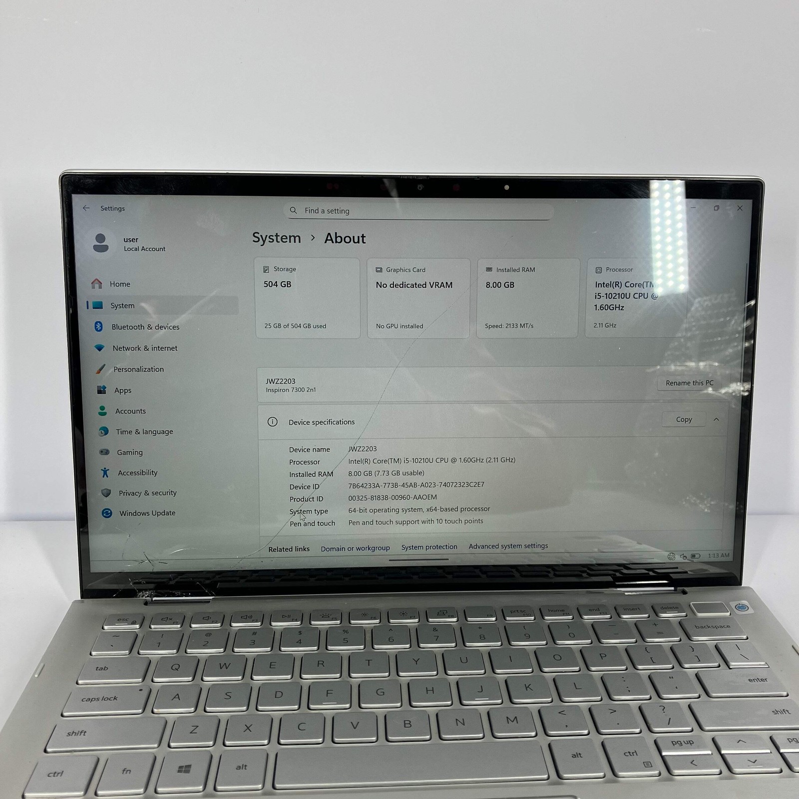 Broken Dell Inspiron 7300 13.3″ i5-10210U 1.6GHz 8GB RAM 512GB SSD Cracked Scree