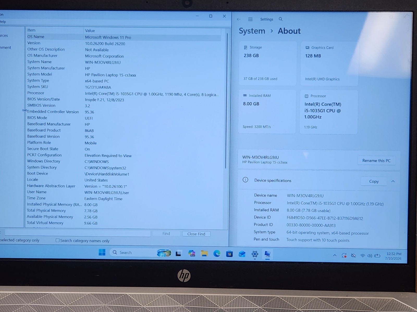 HP PAVILION 15-CS3153CL i5-1035G1 @ 1.00GHz 8GB RAM 256GB SSD W11P TOUCH + AC