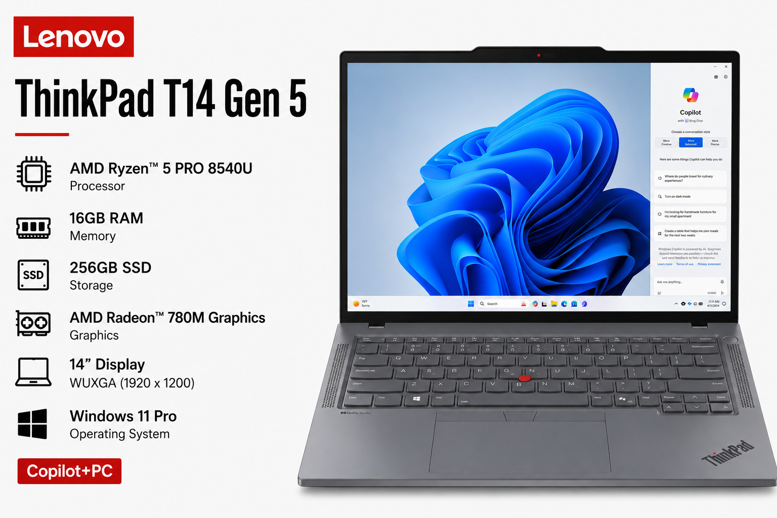 Lenovo ThinkPad T14 Gen 5 / 14” Copilot+PC / AMD Ryzen 5 PRO 8540U/16 GB /256 GB