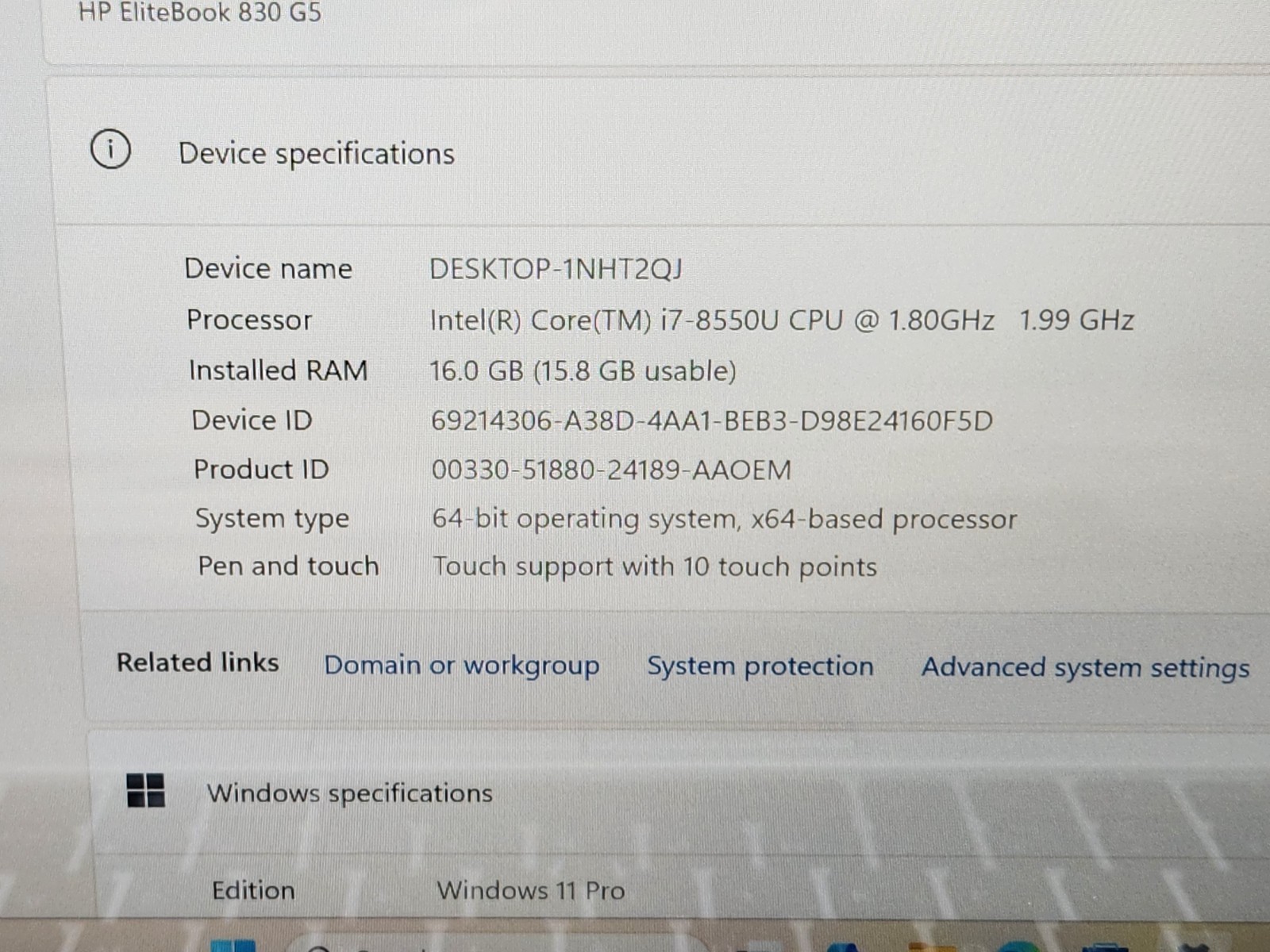 HP EliteBook 830 G5 13″ FHD Touchscreen i7-8550U 1.80GHz 16GB 256GB SSD Win 11 ~