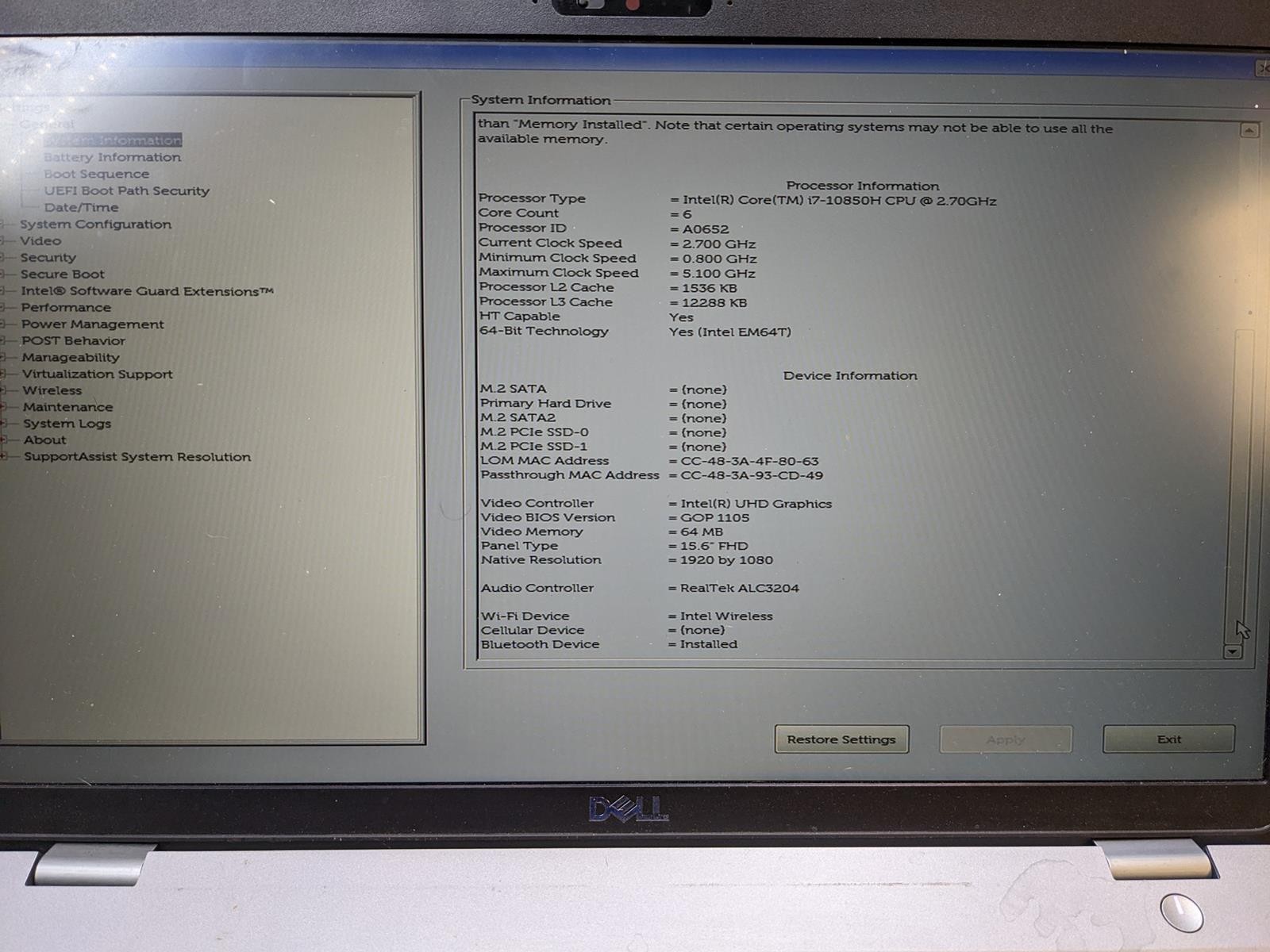 DELL LATITUDE 5511 i7-10850H @ 2.70 GHz, 8GB RAM, NO HDD/OS
