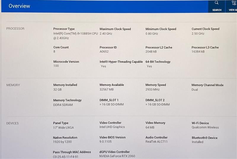 Dell XPS 17 9700 i9-10885H 2.40GHz RTX 2060 1TB 32GB Grade D