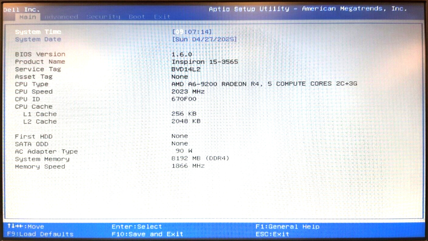 Dell Inspiron 15-3565 Laptop AMD A6-9200 8GB RAM NO SSD NO BATTERY NO ODD
