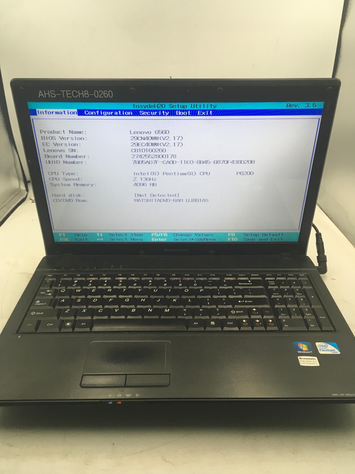 LENOVO G560 – BOOTS TO BIOS – INTEL PENTIUM P6200 – 4GB RAM – READ DESC – BB