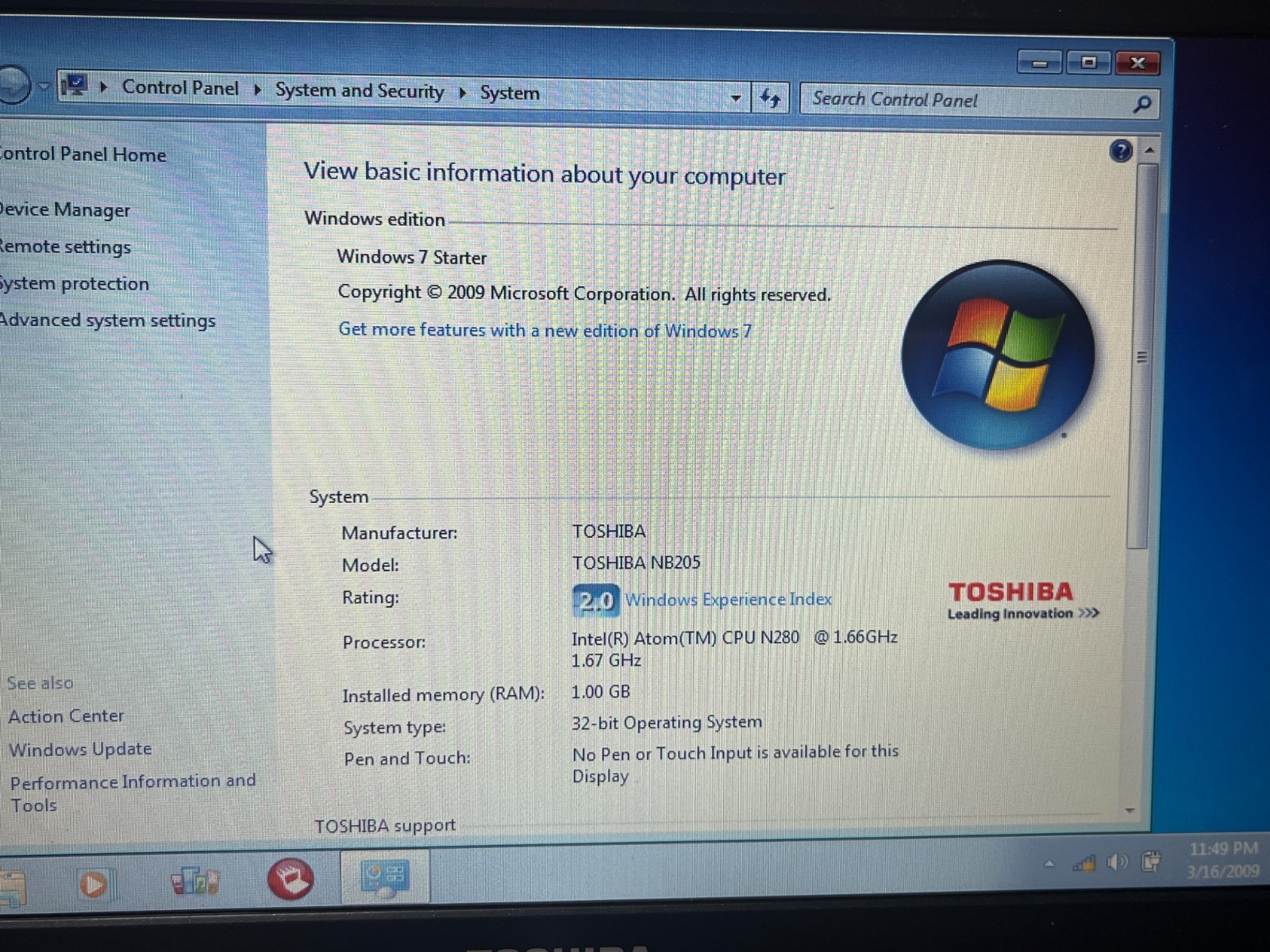 Toshiba NB205 10.1″ Windows 7 Tiny Laptop Intel CPU 1GB 250GB Webcam WIFI