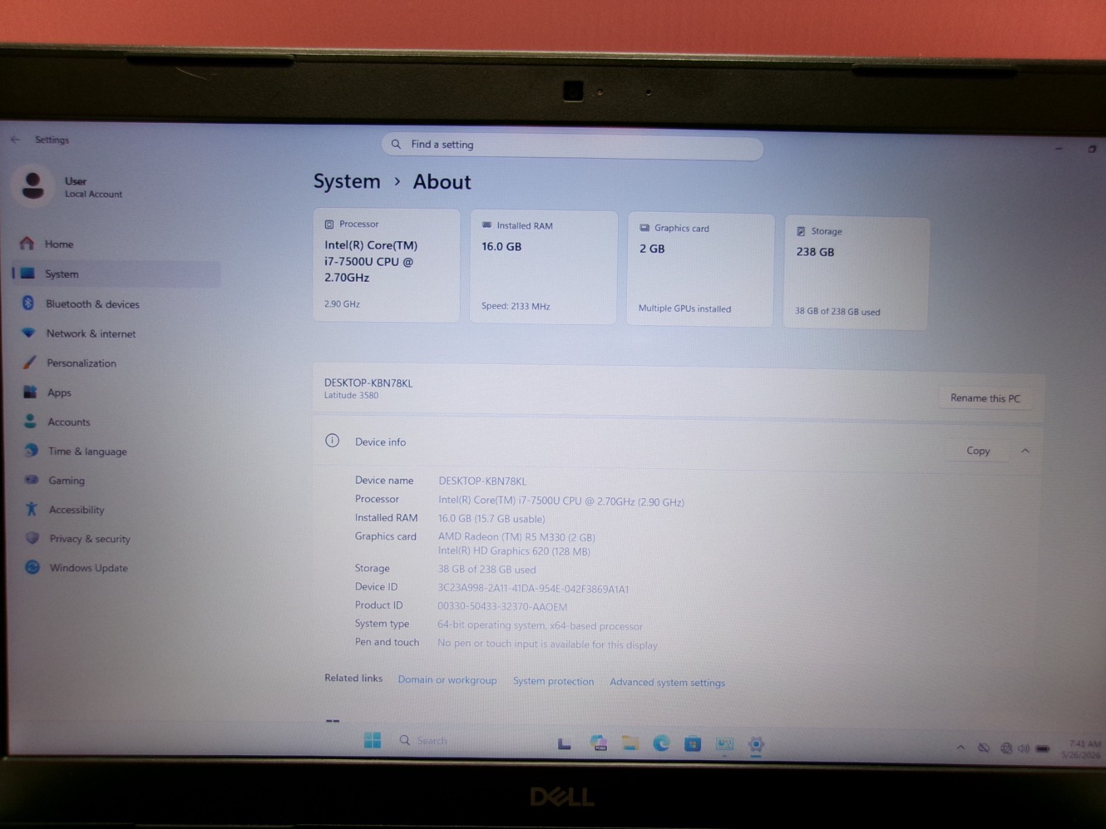 Dell Latitude 3580 Intel Core i7-7500U 2.70GHz (2.90GHz) 16GB RAM 256GB SSD