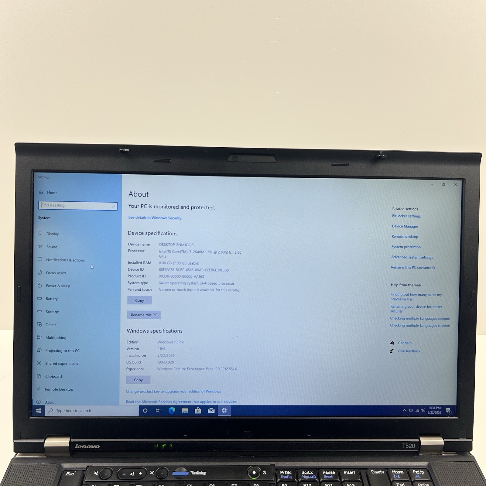 Lenovo ThinkPad T520 Intel i7-2640M 8GB 320GB HDD Win 10 w/ Charger|ELP75, READ