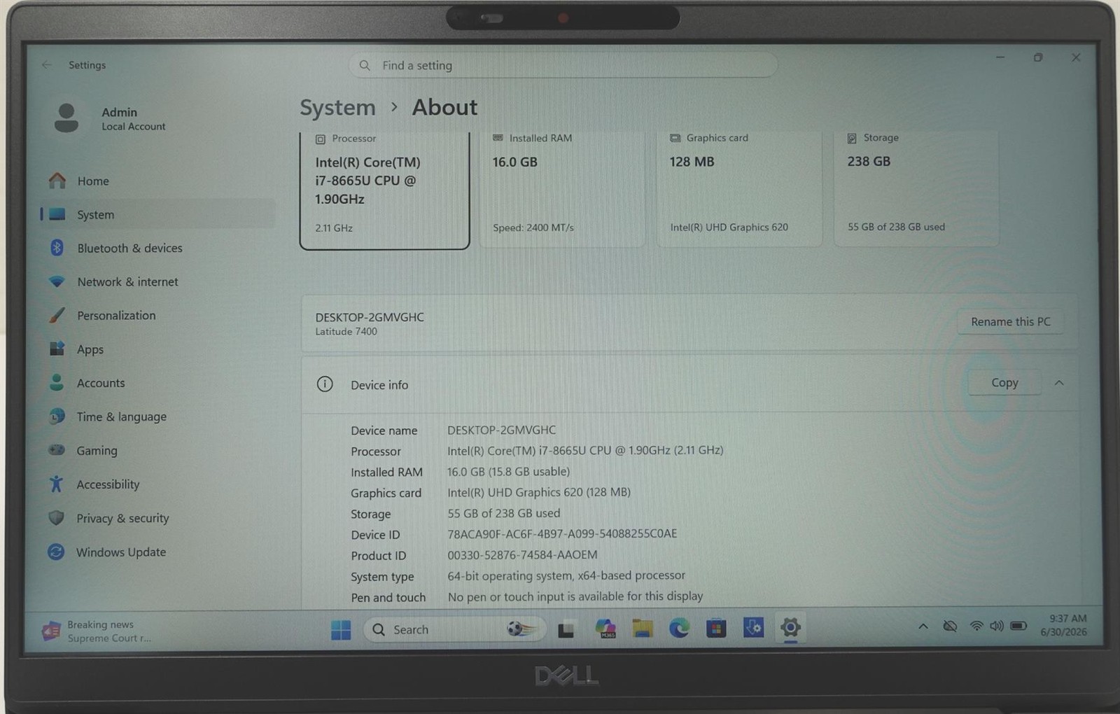 Dell Latitude 7400 14″ Core I7-8665U 1.90GHz 16GB 256GB SSD Laptop
