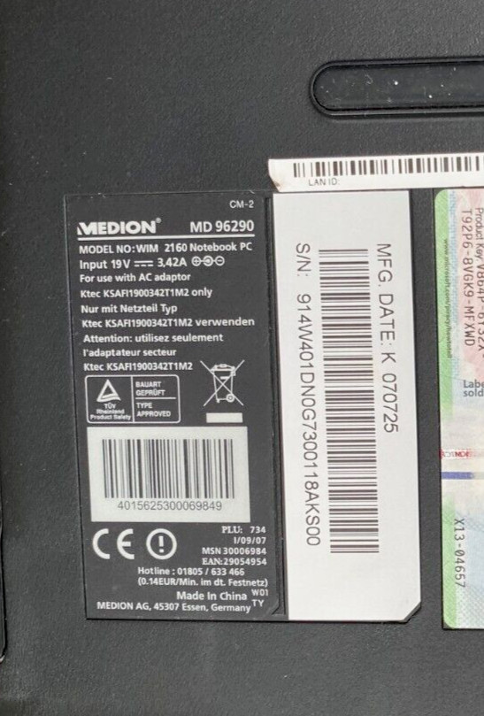 Medion MD Akoya 96290 intel T2130 2GB Memory No HDD Used