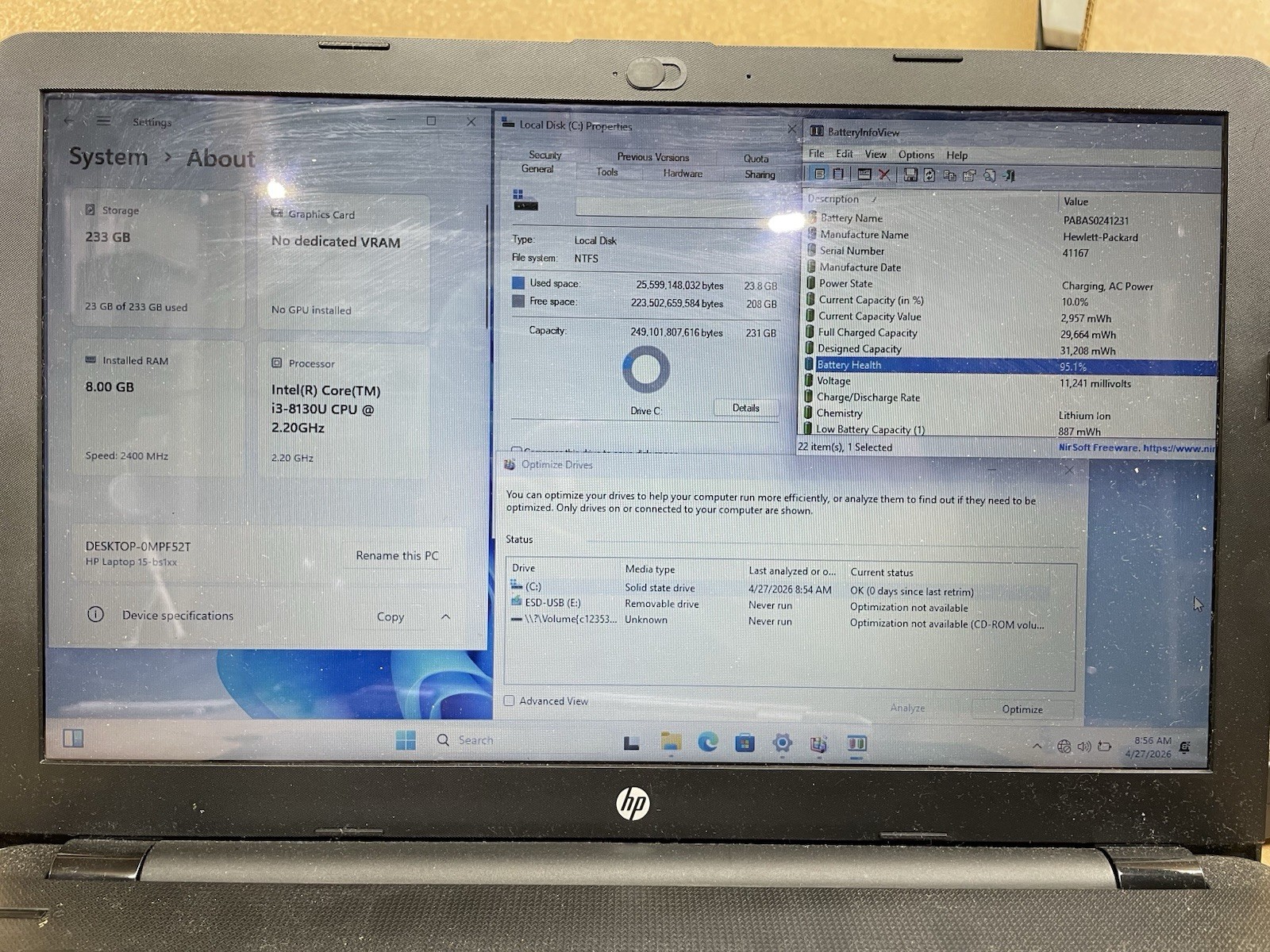 HP NOTEBOOK 15-bs113dx, i3-8130U@2.20GHZ, 8GB RAM, 256GB SSD, Win 11, TOUCH