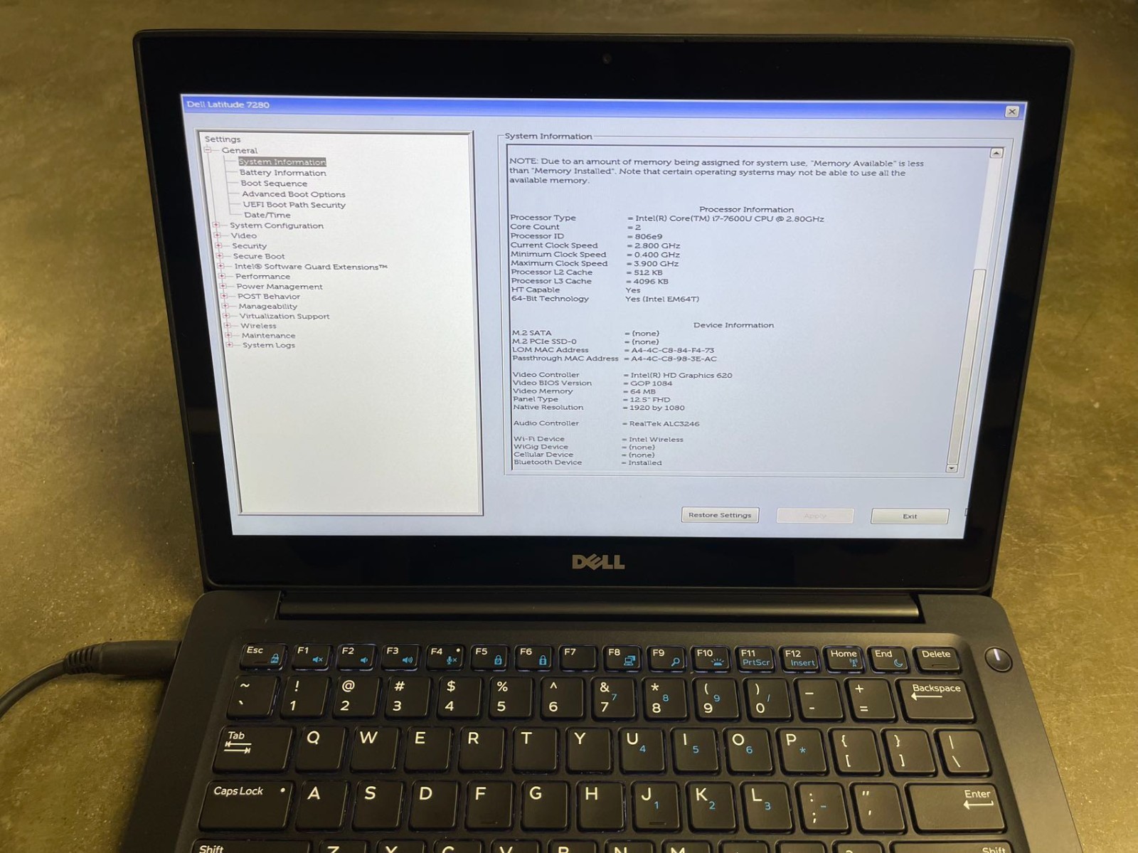 LOTX4 Dell Laptop Latitude 7280 Touchscreen 12.5″ i7-7600U MOTHERBOARD KEYBOARD