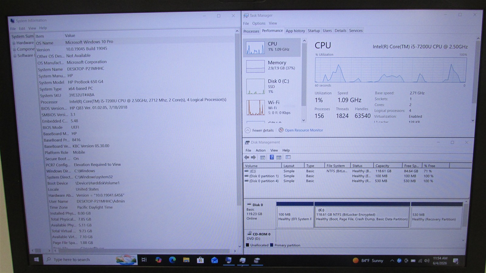 HP Probook 650 G4 i5-7200U 2.5GHz 8GB RAM 128GB m.2 15.6″ W10P BAD KEY/COSM DMG