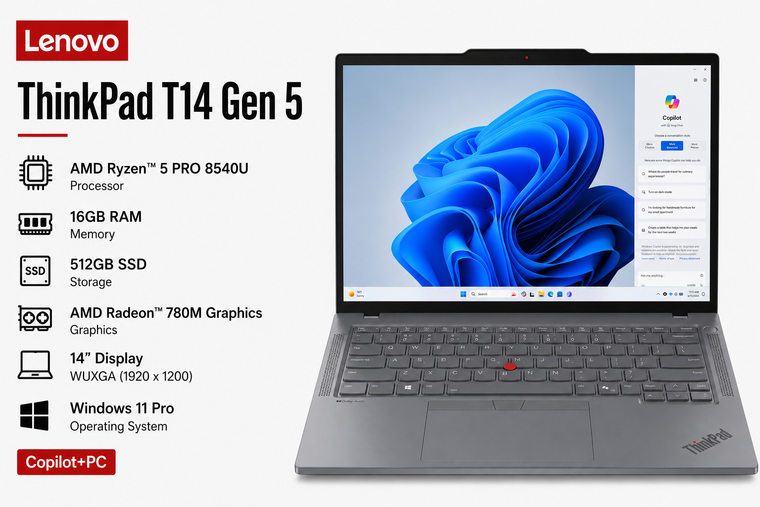 Lenovo ThinkPad T14 Gen 5 / 14” Copilot+PC / AMD Ryzen 5 PRO 8540U/16 GB /512 GB