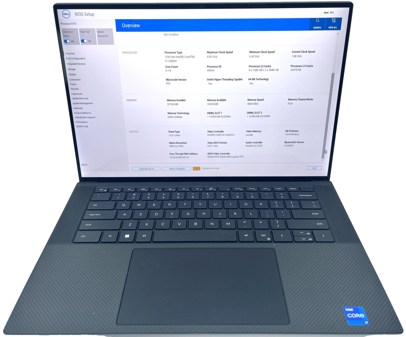Dell Precision 5570 15″ 4K Touch I7-12800H 3.70GHz 32GB 512GB A2000 *Grade D*