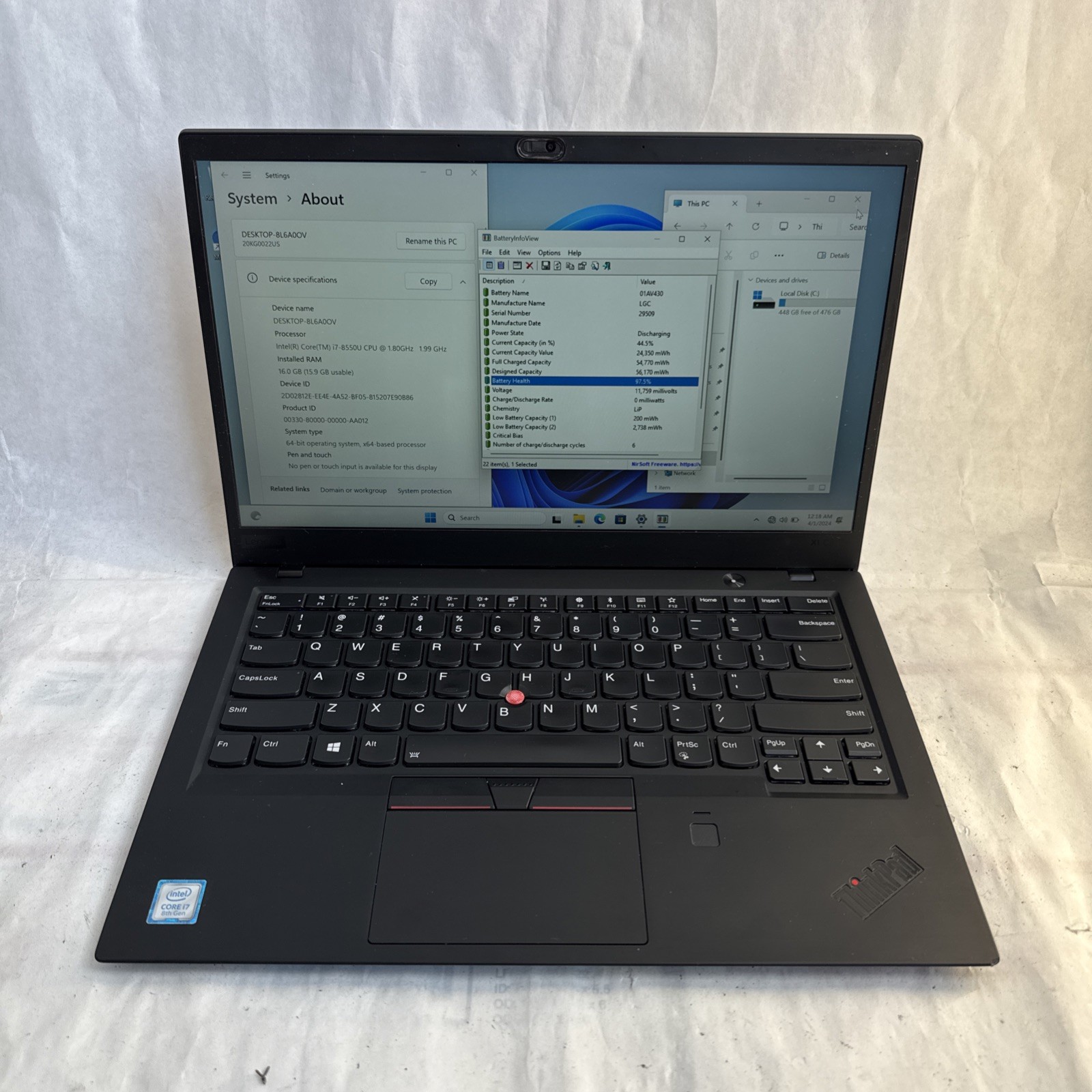 Lenovo ThinkPad X1 Carbon 6th Gen Intel i7-8550U 1.8GHz 16GB RAM 512GB SSD W11P