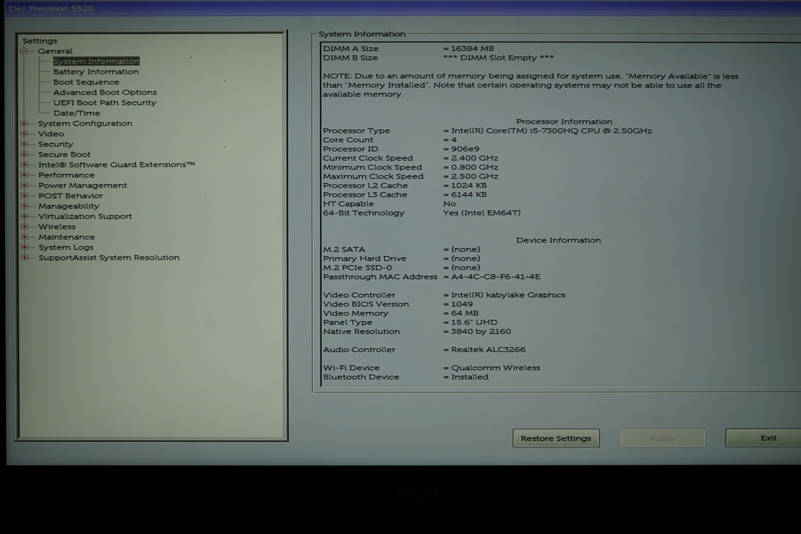 ^ Dell Precision 5520 i5-7300HQ @ 2.5GHz 16GB Ram No HD “DISPLAY ISSUES” #C1409