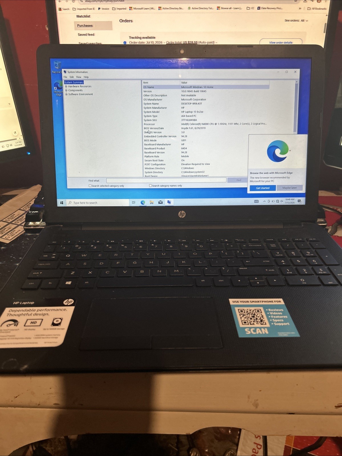 HP Laptop 15-BS212WM 15.6″ Celeron N4000 1.1GHz 4GB RAM 500GB HDD