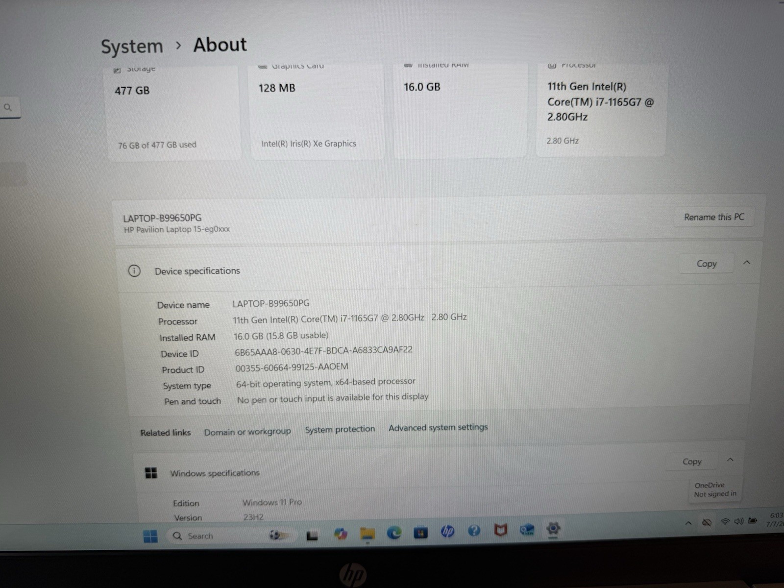 HP Pavilion 15-eg0021nr 15.6”Intel i7-1165G7 2.8GHz 16GB RAM 512GB NMVe Win11Pro