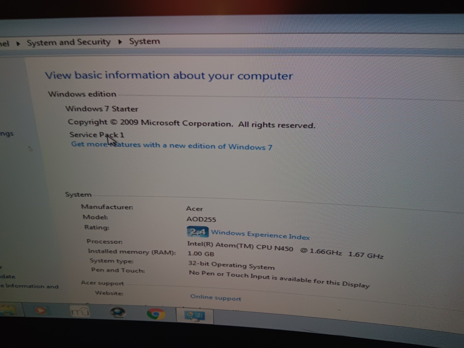 Acer Aspire One AOD255 Red Netbook Intel Atom N450 1GB RAM 10.1″ Windows 7