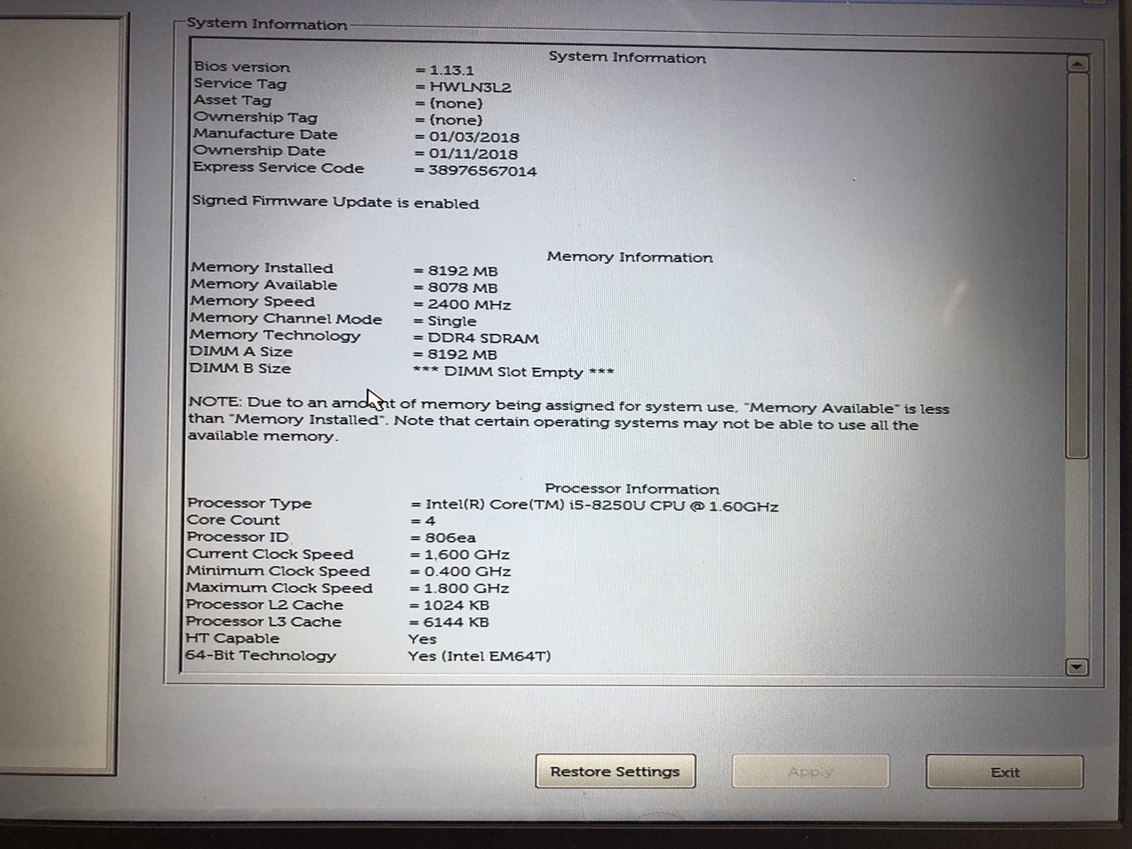 Dell Inspiron 7570 Laptop | Intel i5-8250U | 8GB RAM | NO OS/SSD – Boots to Bios