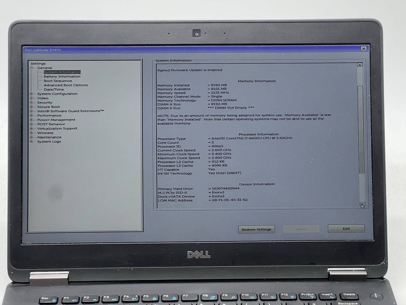 Dell Latitude E7470, Core i7-6600U, @ 2.60GHz, 8GB RAM, 128GB SSD-No OS/AC