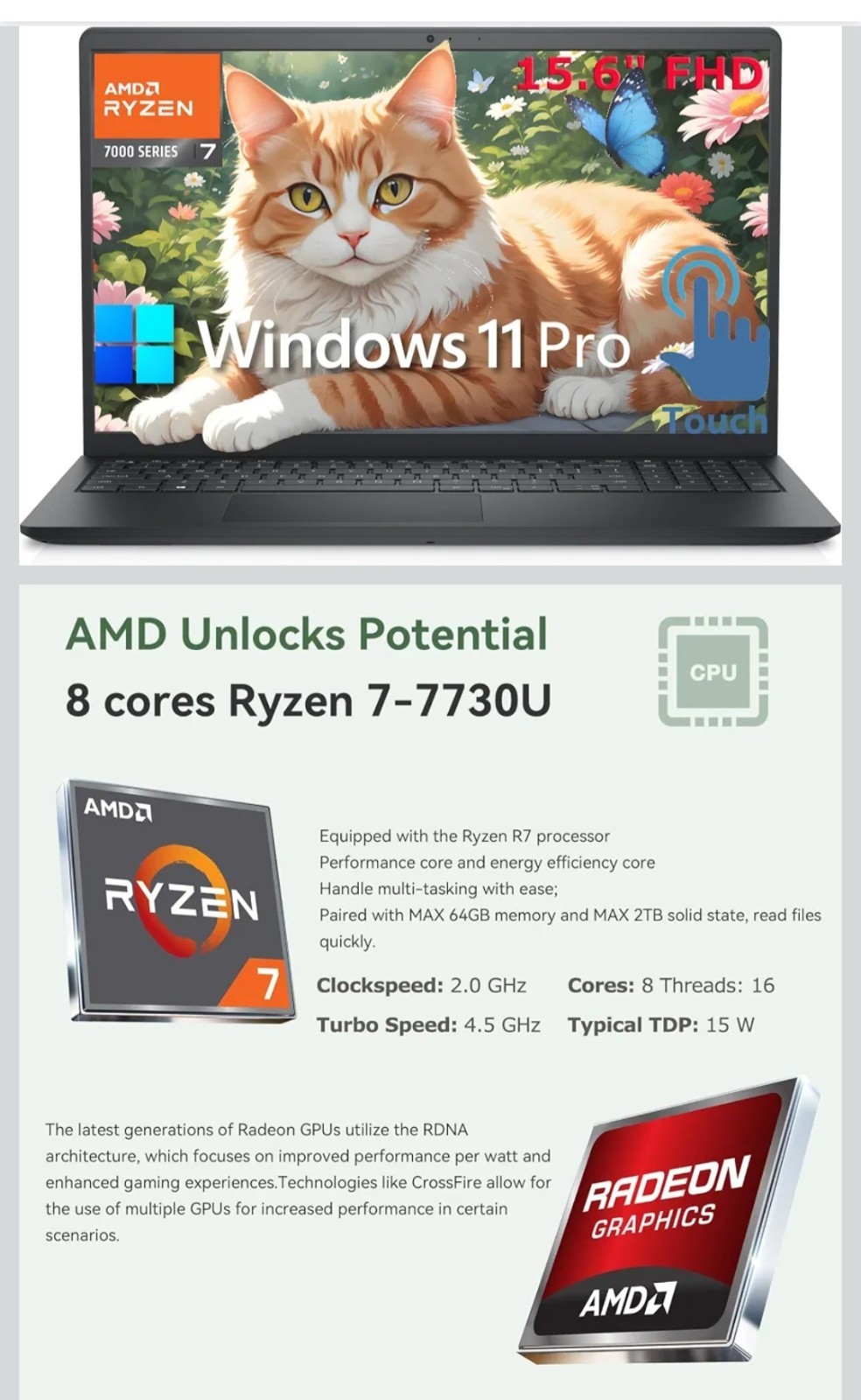 Dell Inspiron 15 Laptop, 15.6″ FHD, 8Core AMD Ryzen 7 7730U, 32GB DDR4 RAM, 1TB.