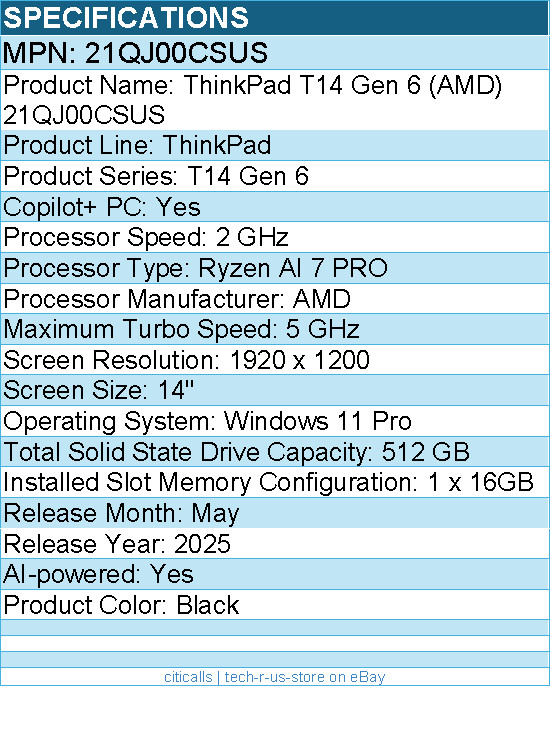 Lenovo 21QJ00CSUS ThinkPad T14 Gen 6 14″ Copilot+ PC Notebook – Black