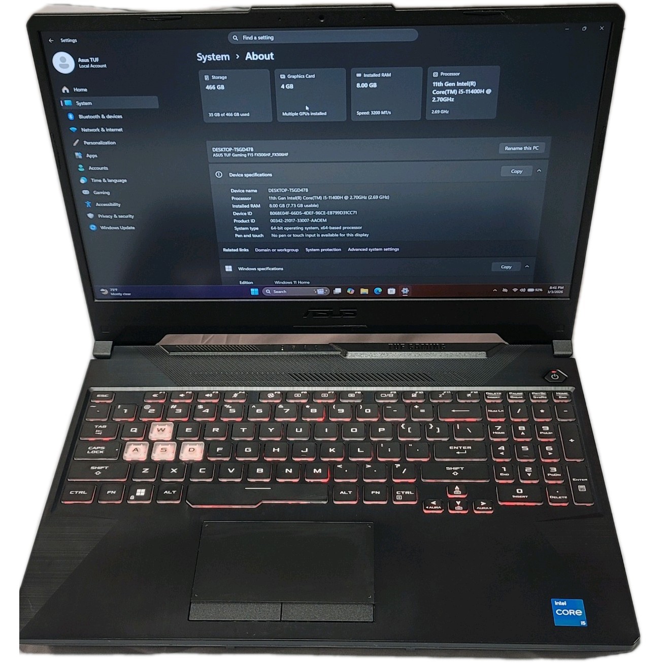 Asus Tuf F15 FX506H 15.6 I5-11400H 8gb Ram 500gb M2 Windows 11 Pro