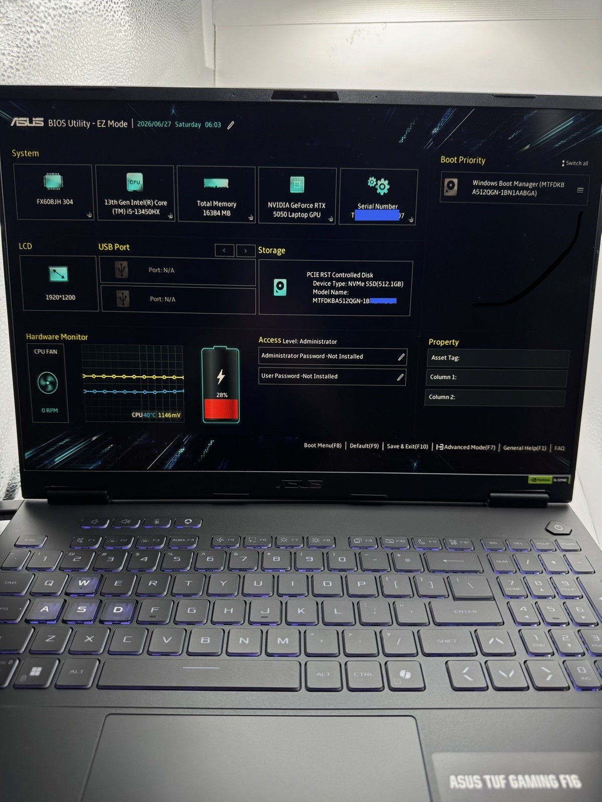 ASUS TUF Gaming F16 16” i5-13450HX RTX 5050 16GB 512GB SSD 165Hz Win11