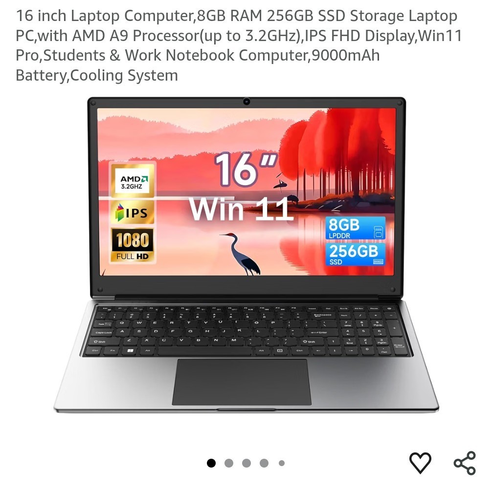 Exilapsire 16in FHD Laptop AMD A9-9400 8GB 256GB SSD Win 11 Pro Silver