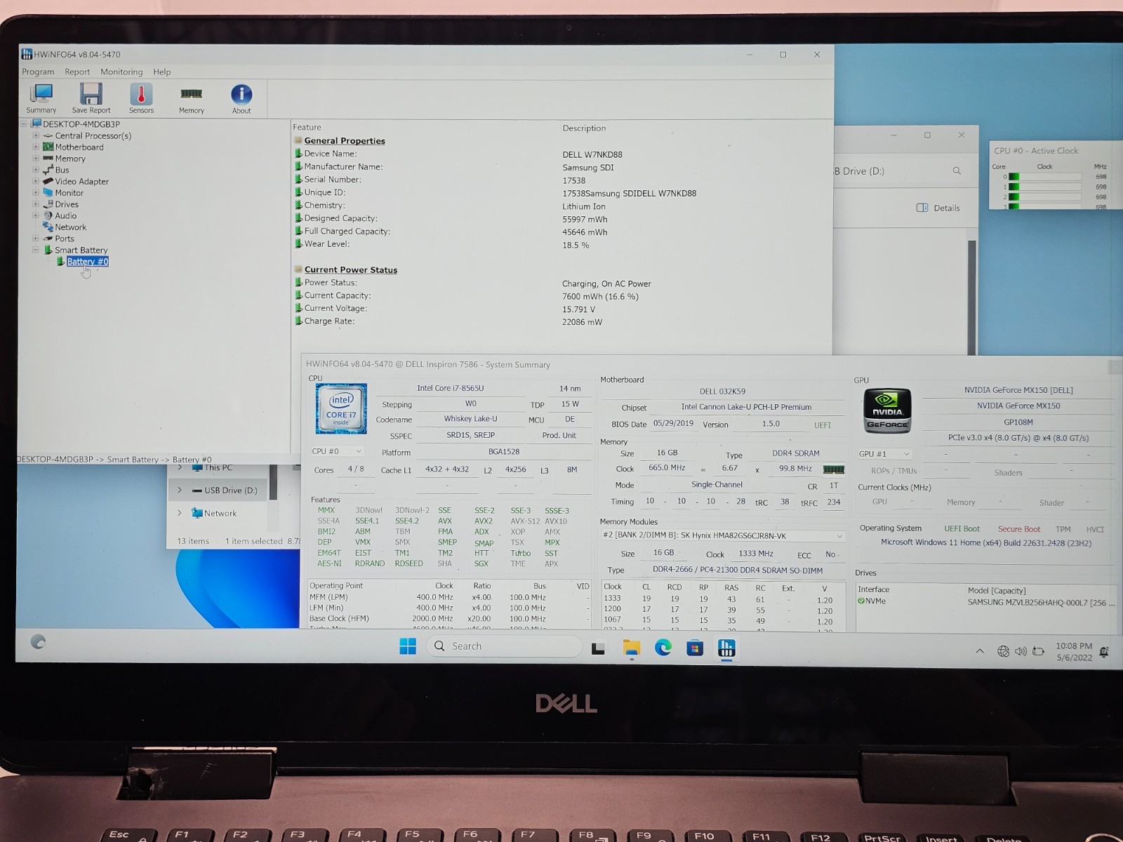 Dell Inspiron 7586 i7-8565U 16GB RAM 256GB SSD Win 11 *READ* NO AC #04