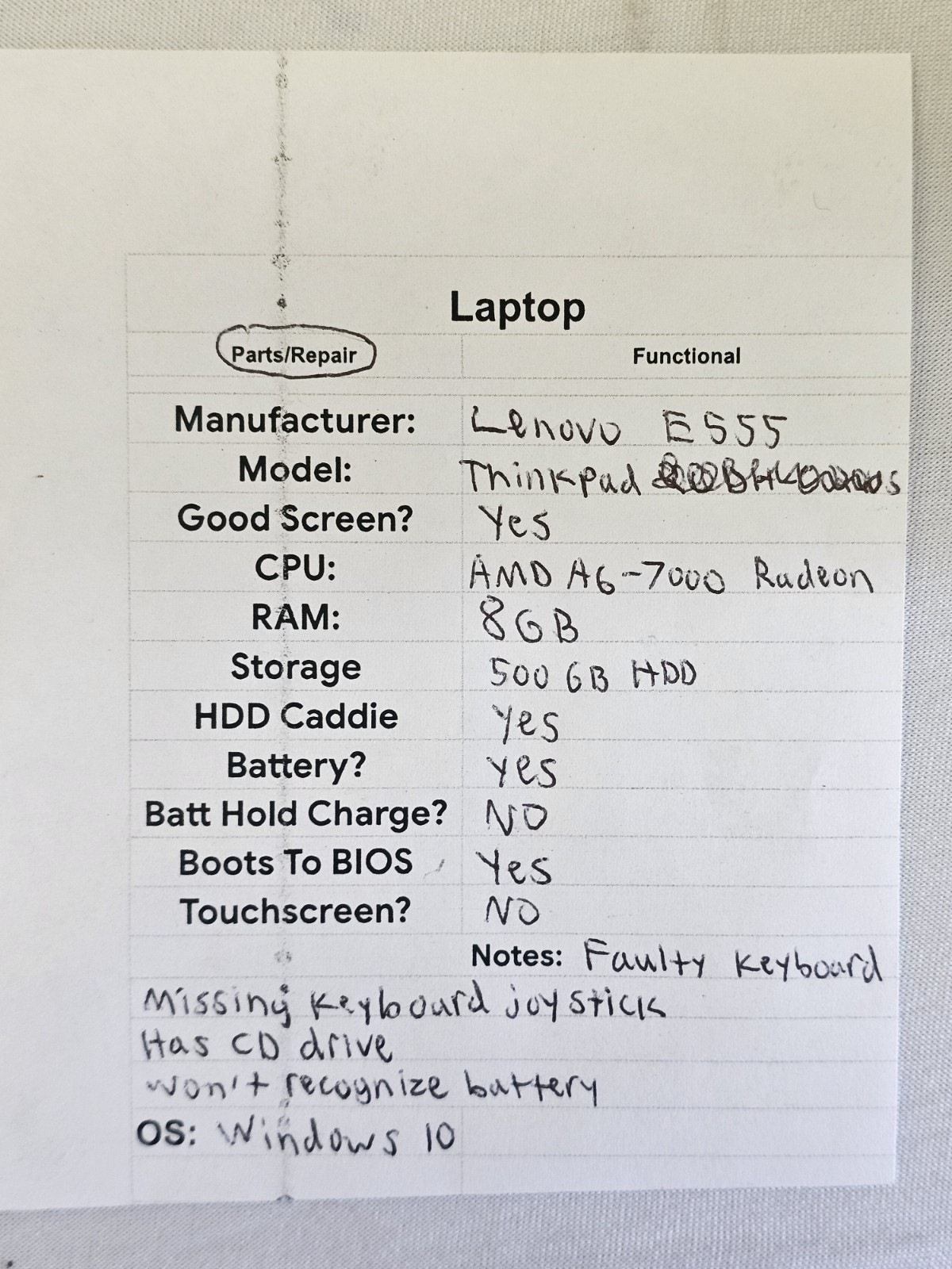 Lenovo ThinkPad E555 Laptop – AMD A6-7000 Radeon – 8GB RAM – Parts/Repair – READ