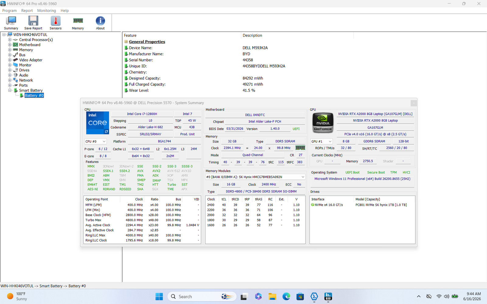 Dell Precision 5570 16″ FHD+ I7-12800H 1TB 32GB W11P RTX A2000 Backlit FP Reader