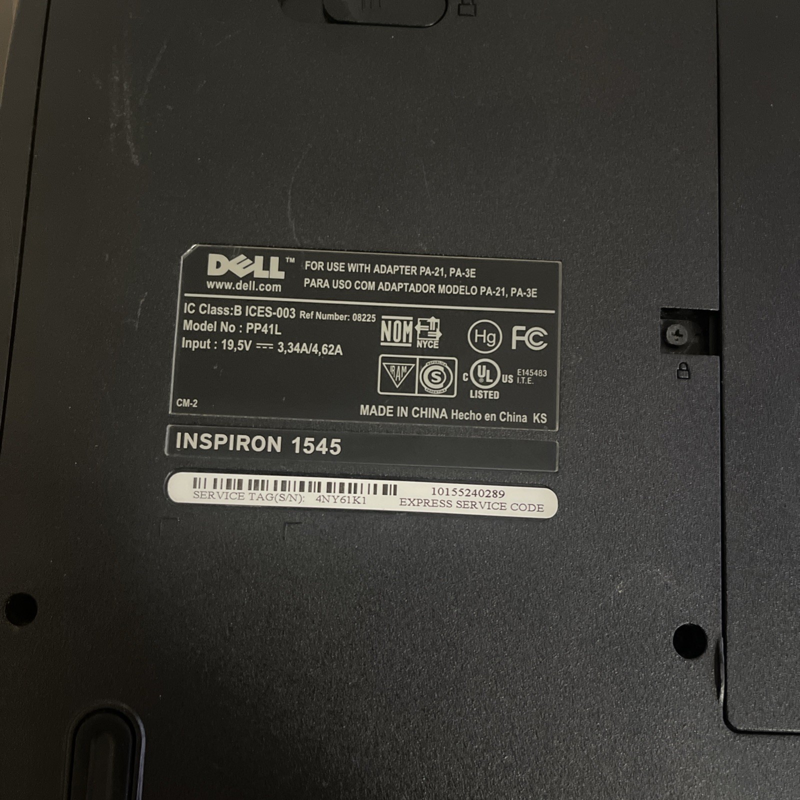 Dell Inspiron 1545 Intel Pentium Dual-Core T4200 2GHz 4GB Ram 300GB HD W10 Parts
