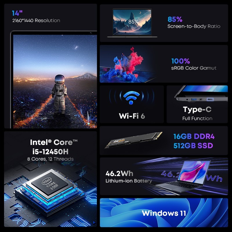 CHUWI CoreBook X 14.1″ i5 Laptop, 12th Gen i5-12450H, 16GB RAM 512GB SSD, Win 11