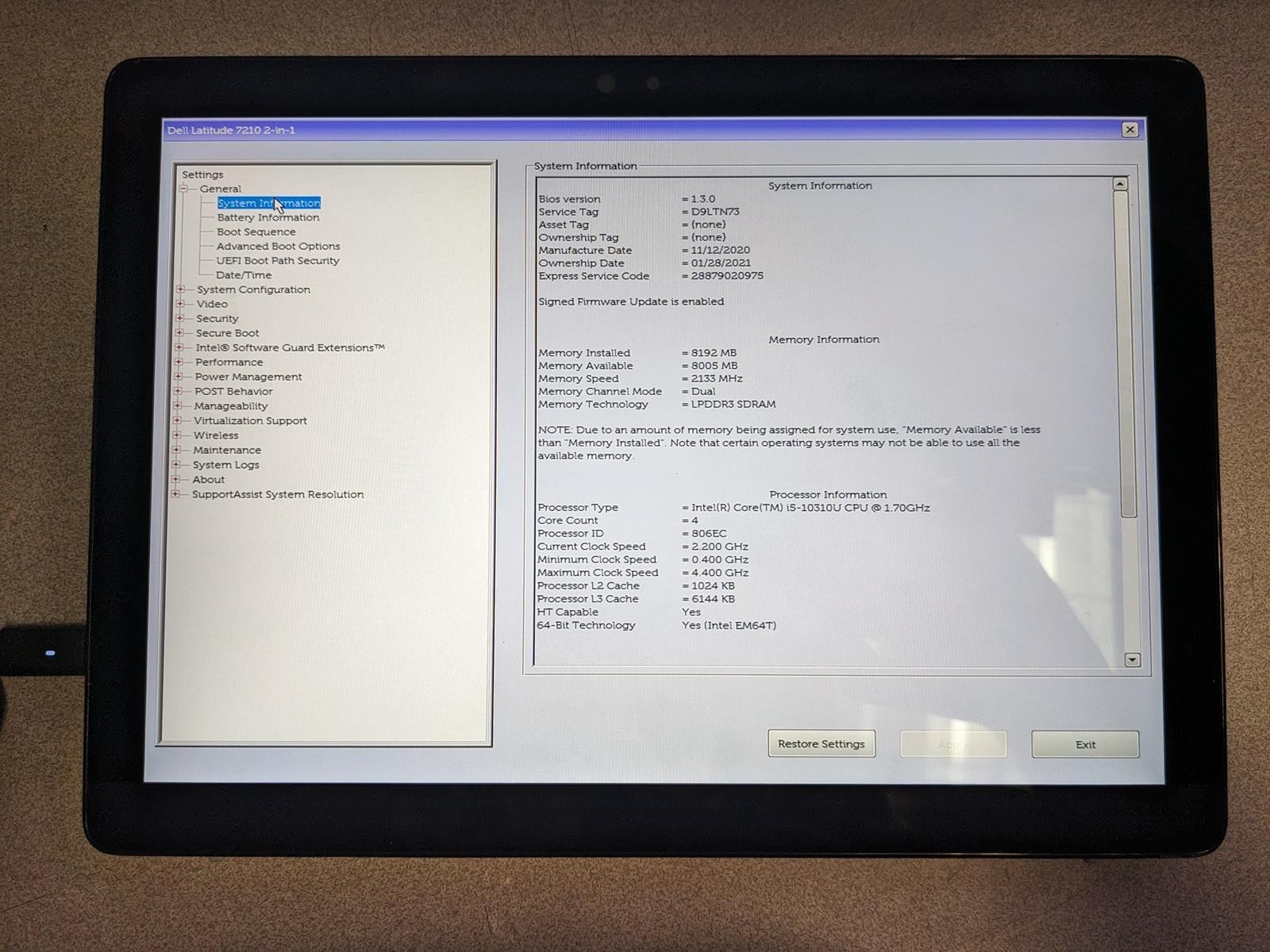 DELL LATITUDE 7210 2-IN-1 i5-10310U @ 1.70GHz, 8GB RAM, NO HDD/OS