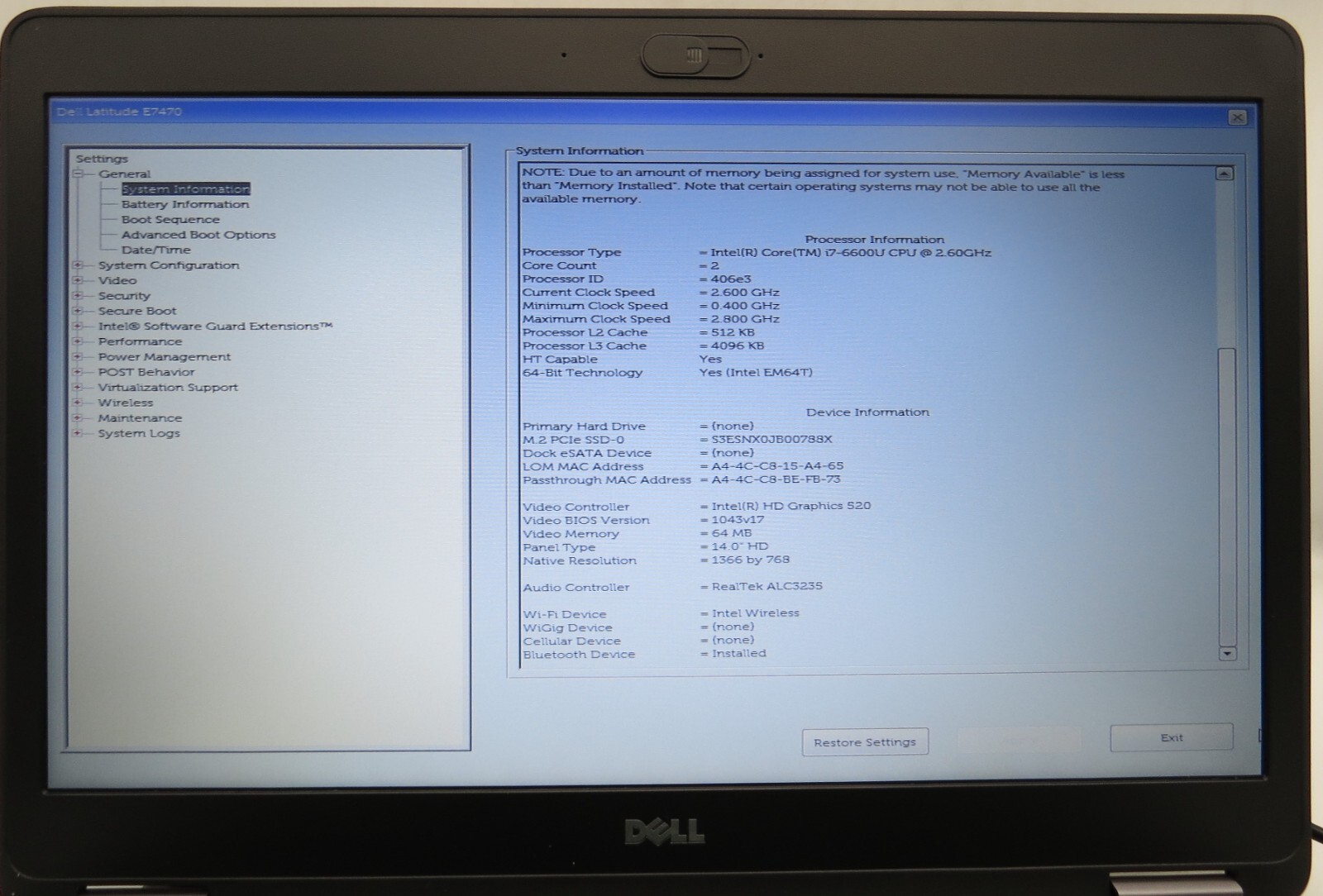Dell Latitude E7470-14.0″-i7-6600U@2.60GHz-16GB RAM-256GB M.2 SATA- NO OS