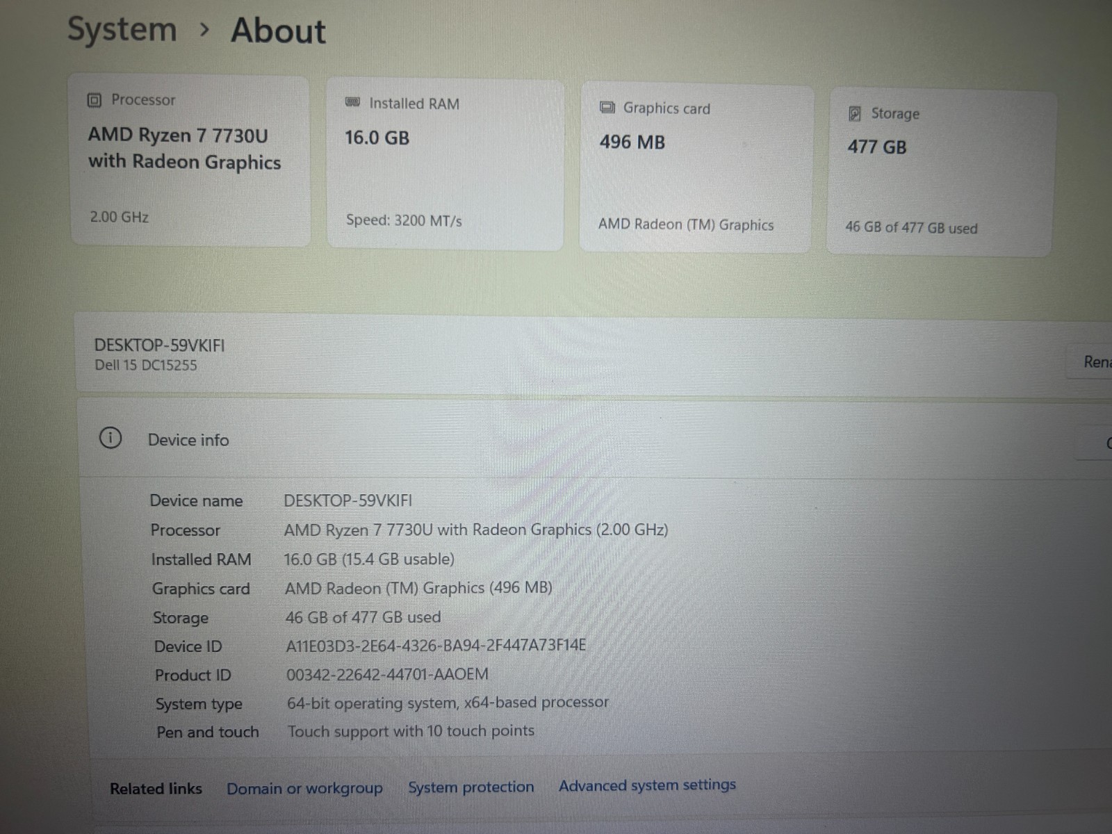 DELL 15 DC15255 G8MK9, AMD Ryzen 7 7730U, 2.00 GHz, 16 GB RAM, 512 GB NVMe
