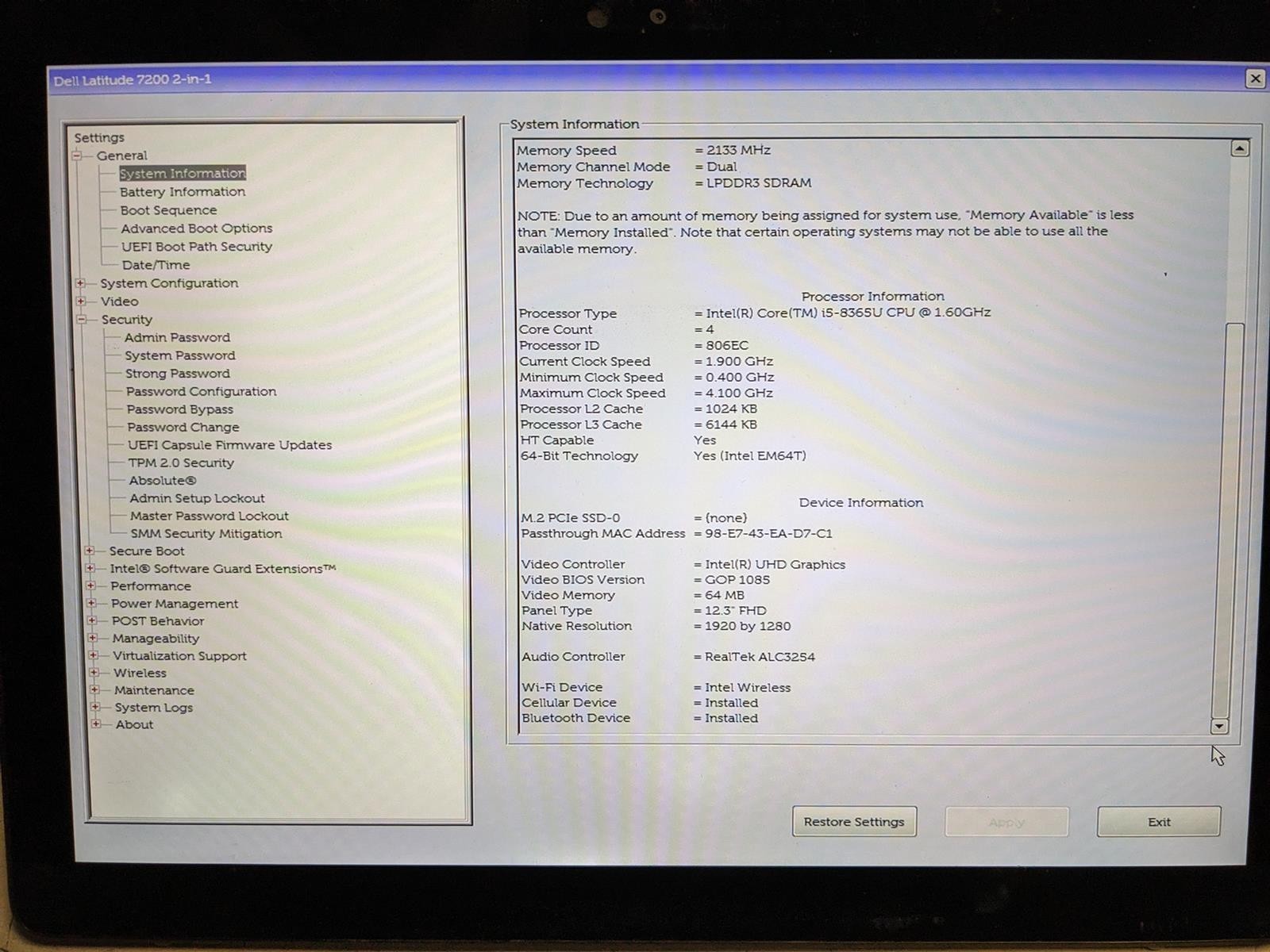DELL LATITUDE 7200 2-IN-1 i5-8365U @ 1.60GHz, 8GB RAM, NO HDD/OS