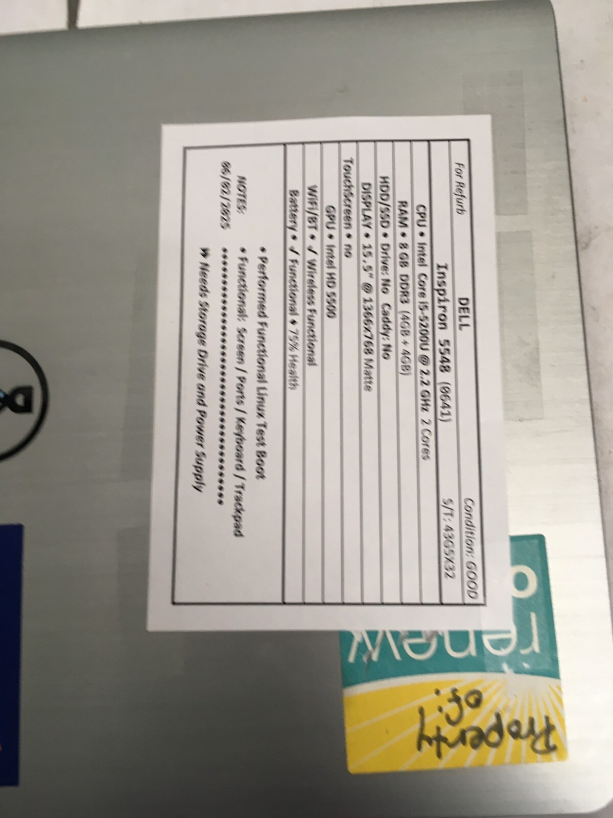 DELL Inspiron 5548 (0641) 15.5 inch used laptop for parts/repair